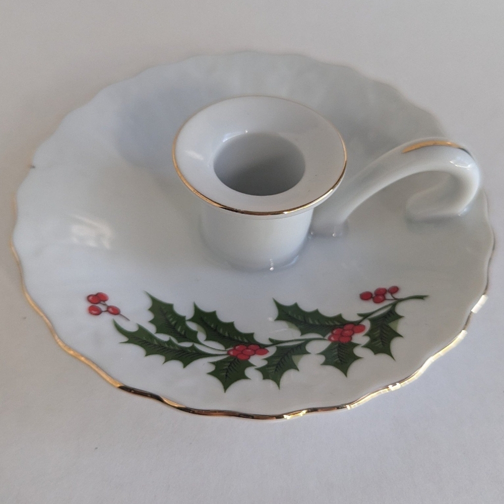 Vintage Macy's holly white and gold candlestick holder, Christmas decor